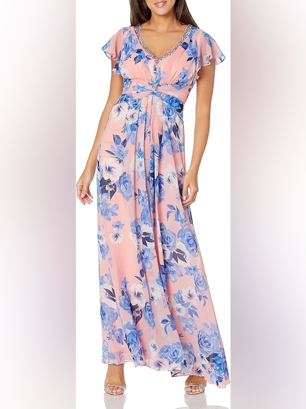 NWT ELIZA J (Size 6) Pink Floral Maxi Dress with Blue Blossoms